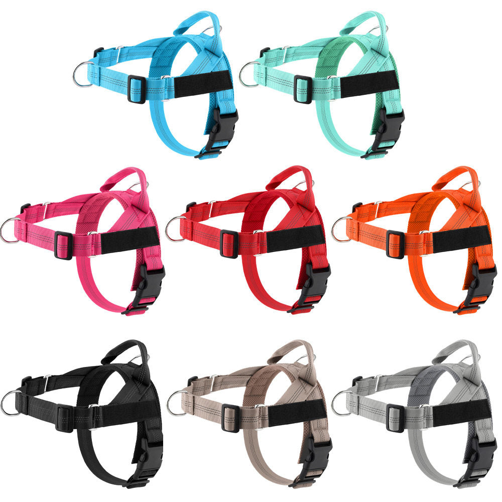 Wide chest nylon dog harness with front buckle and metal hardware, product image 1