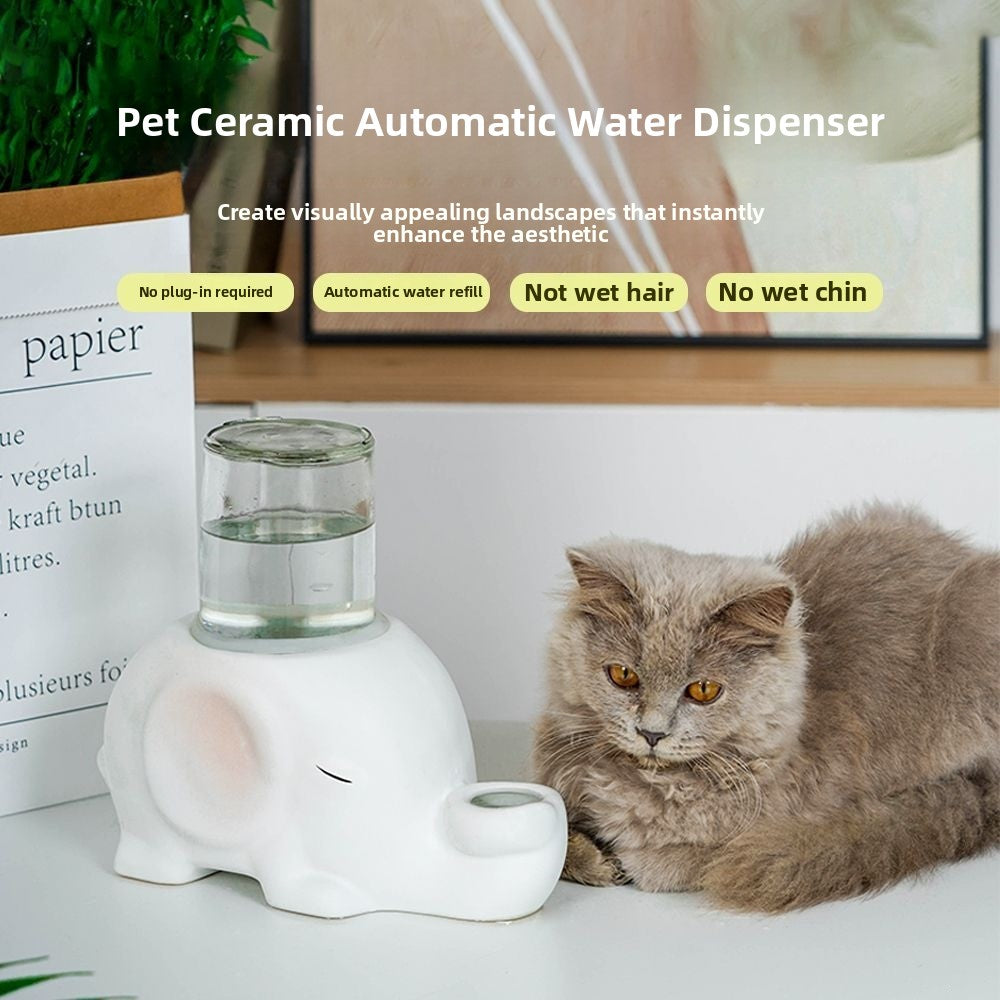 Ceramic Pet Water Dispenser Bowl with Glass Bottle and Anti-Tip Base for Cats