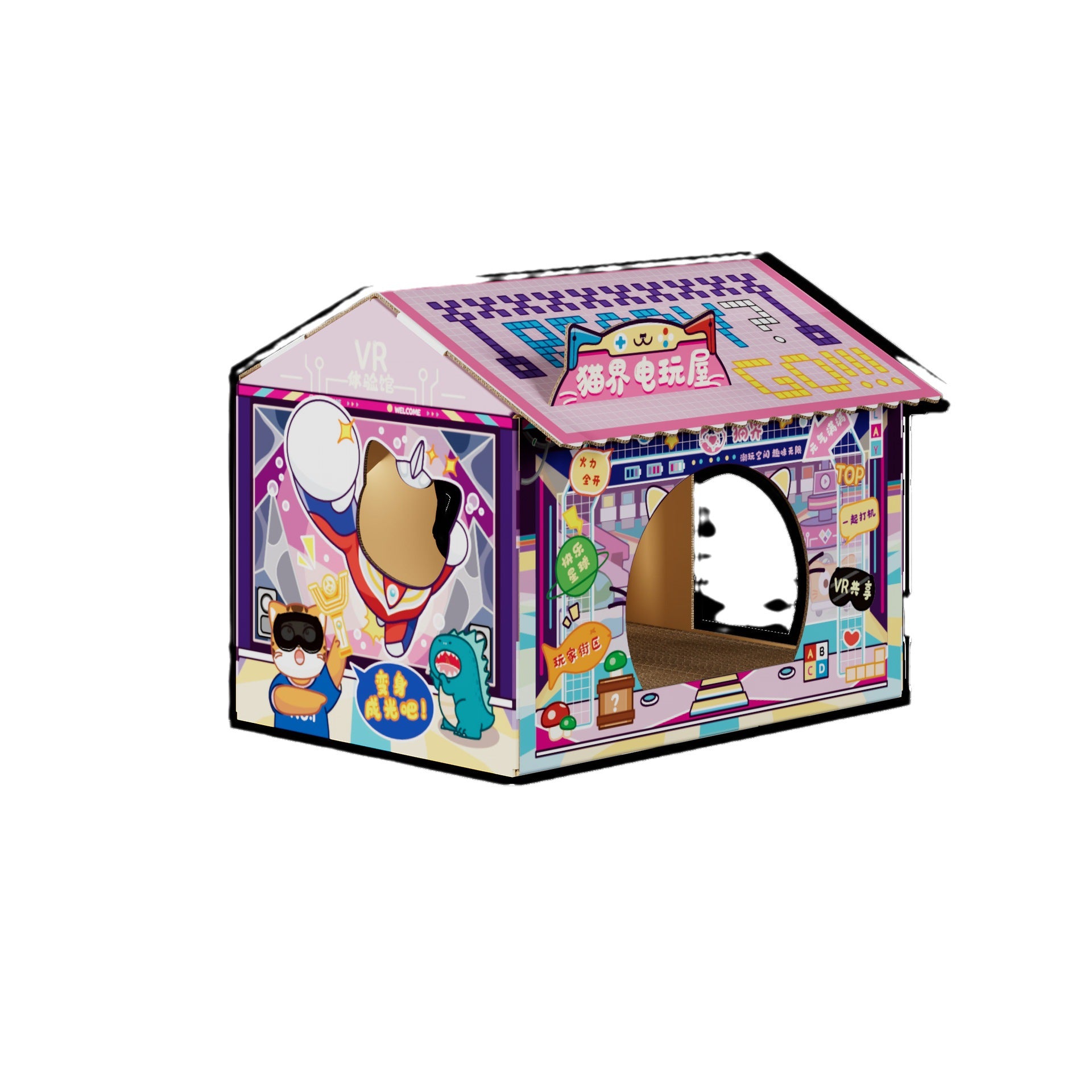 Corrugated cardboard cat house with coffee shop front design, view 9