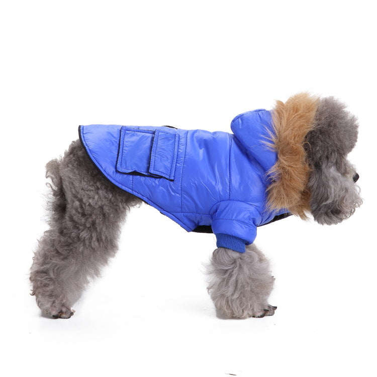 Windproof hooded dog jacket with zip front in Red Style A, in a home setting