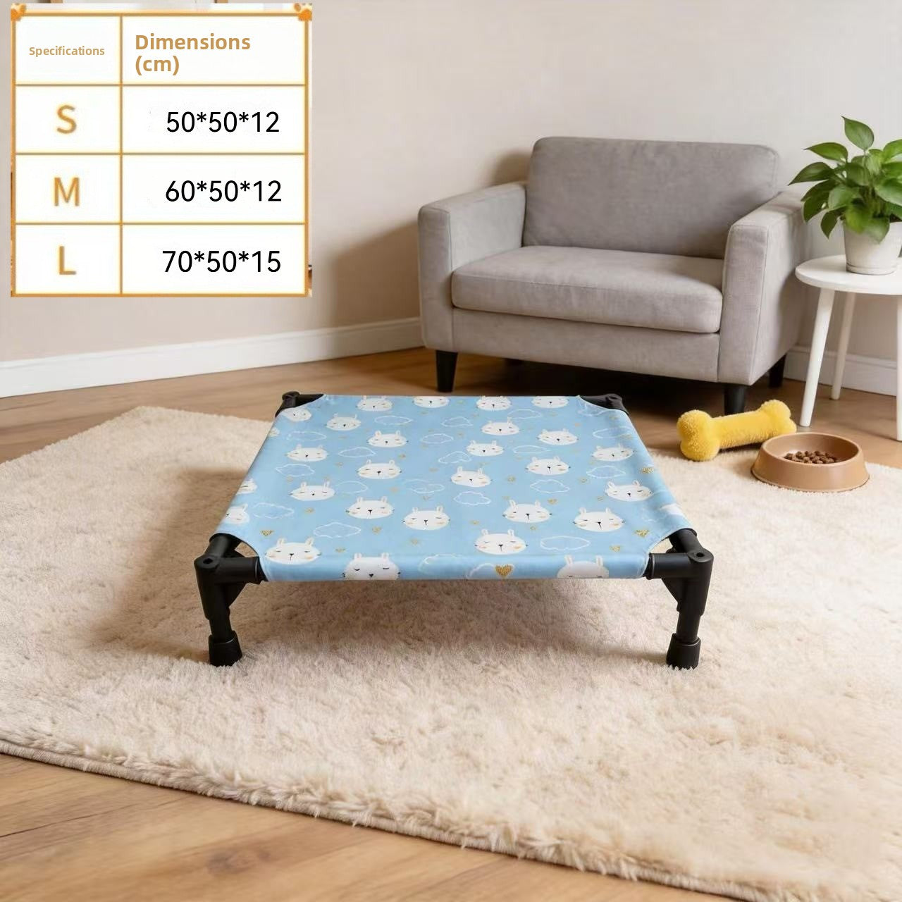 Elevated breathable mesh pet bed for cats and small dogs in Cyan Bunny
