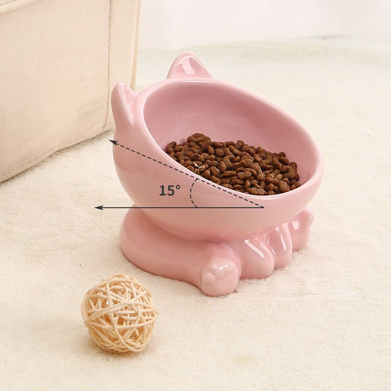 Ceramic Cat Bowl with Angled Mouth and Reaching Hand Designs, Easy-Clean Pet Food Dish