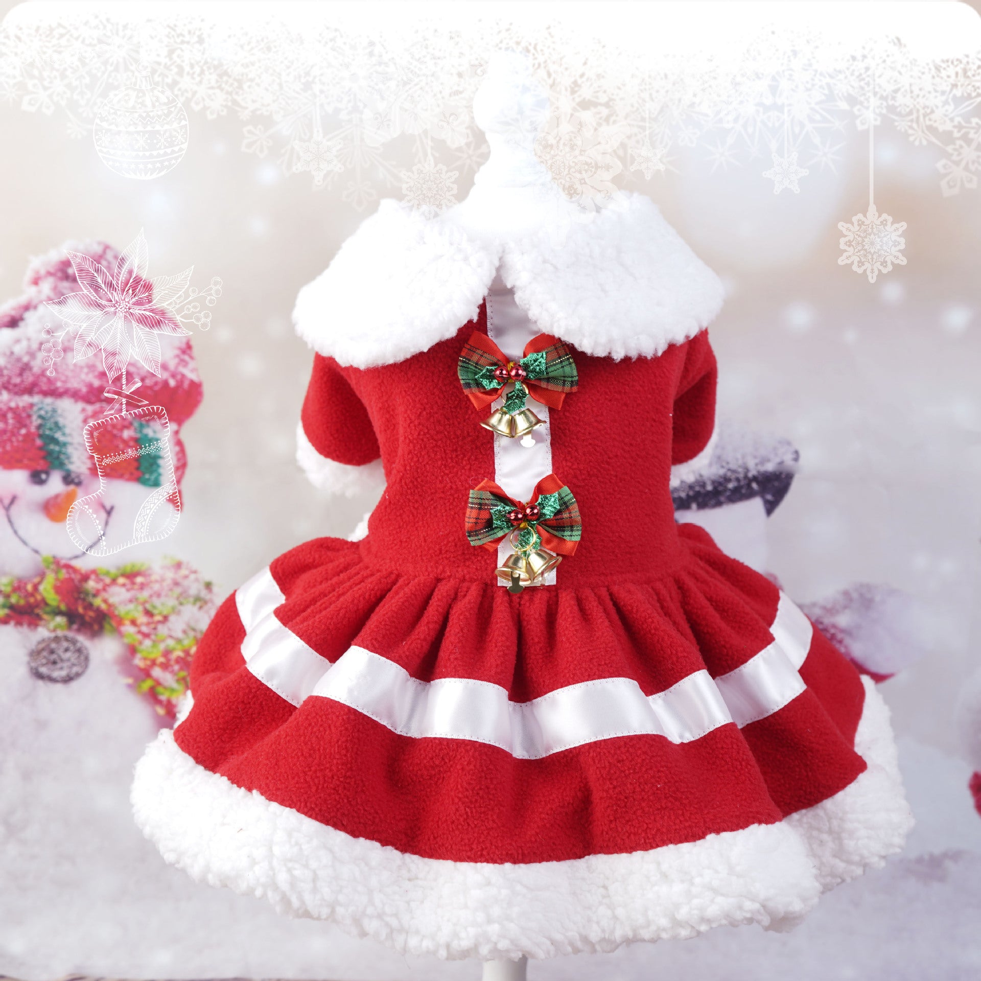 Christmas polar fleece pet dress for small dogs and cats, in a home setting