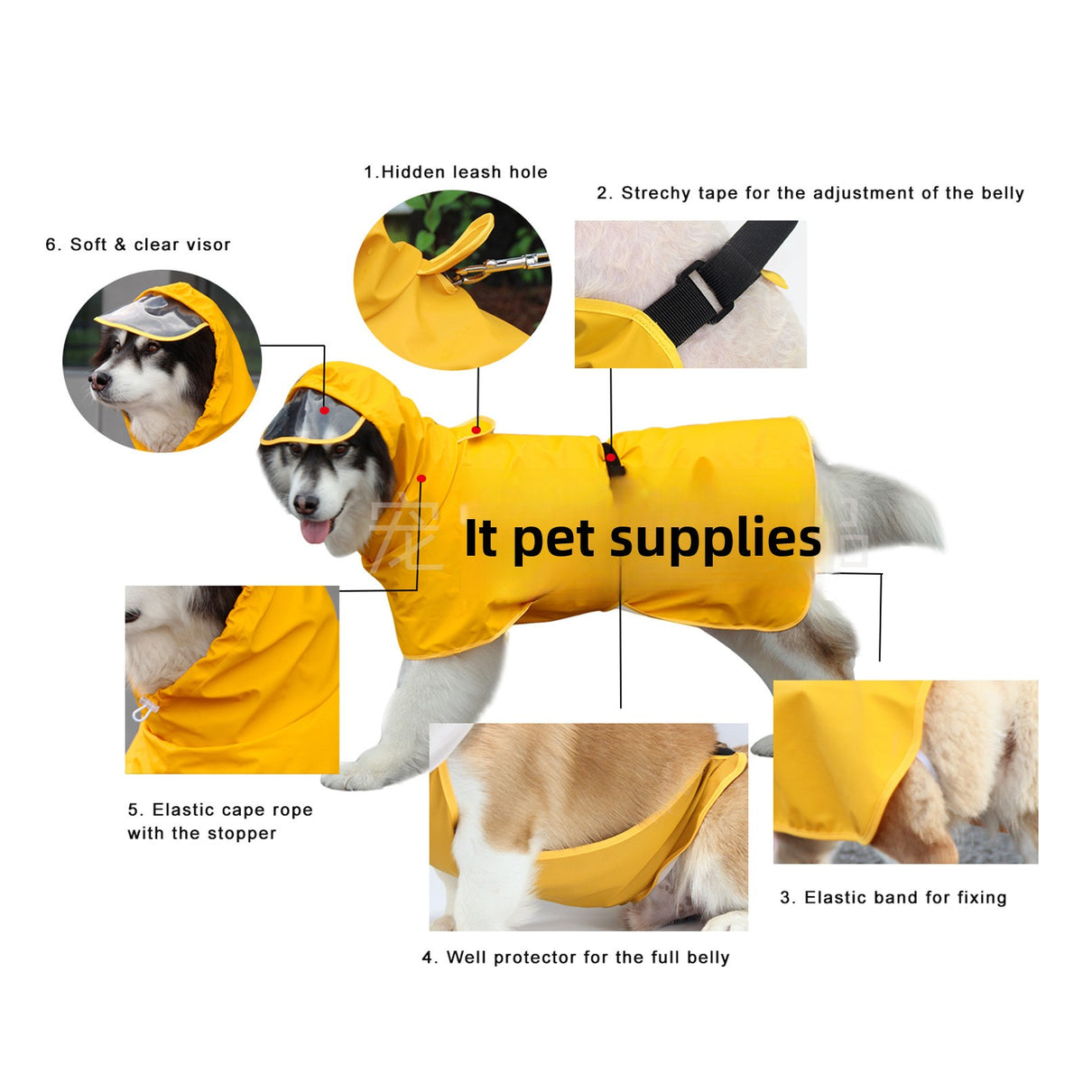 Waterproof PU dog raincoat cape with belly cover in Moon Rabbit, side view