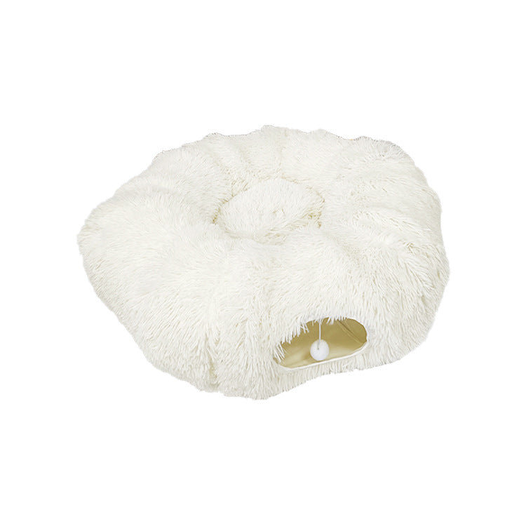 Grey donut tunnel plush cat bed with hanging ball, view 3