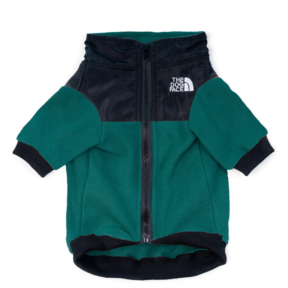 Embroidered fleece two-leg dog jacket in Red, showing size and shape