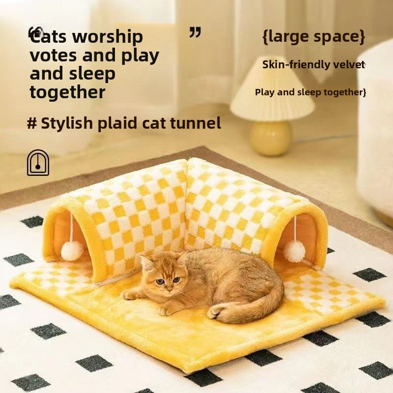 Plush cat tunnel bed with removable cover, shown in 2 colours and styles