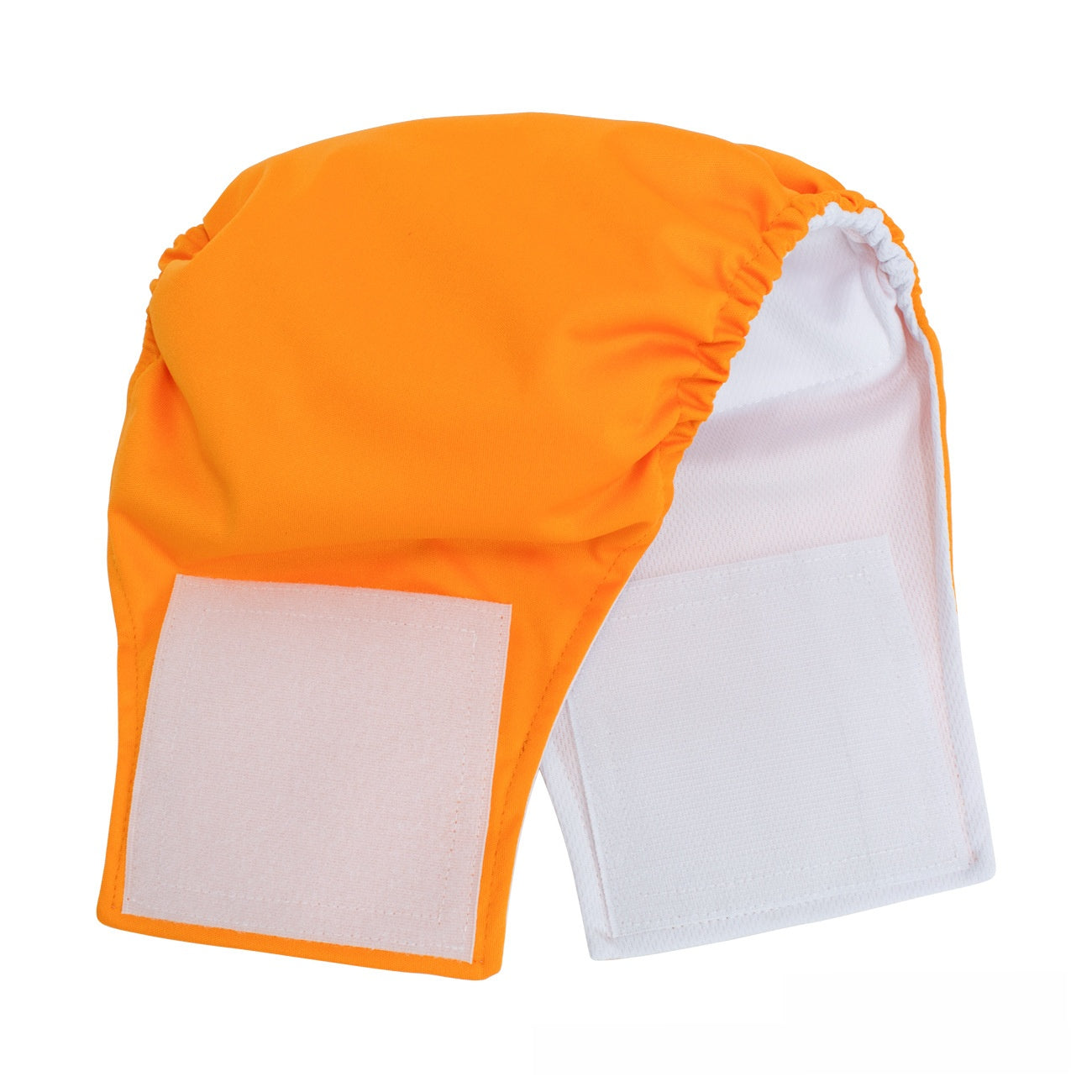 Reusable male dog belly band with waterproof outer layer in Orange, in a home setting