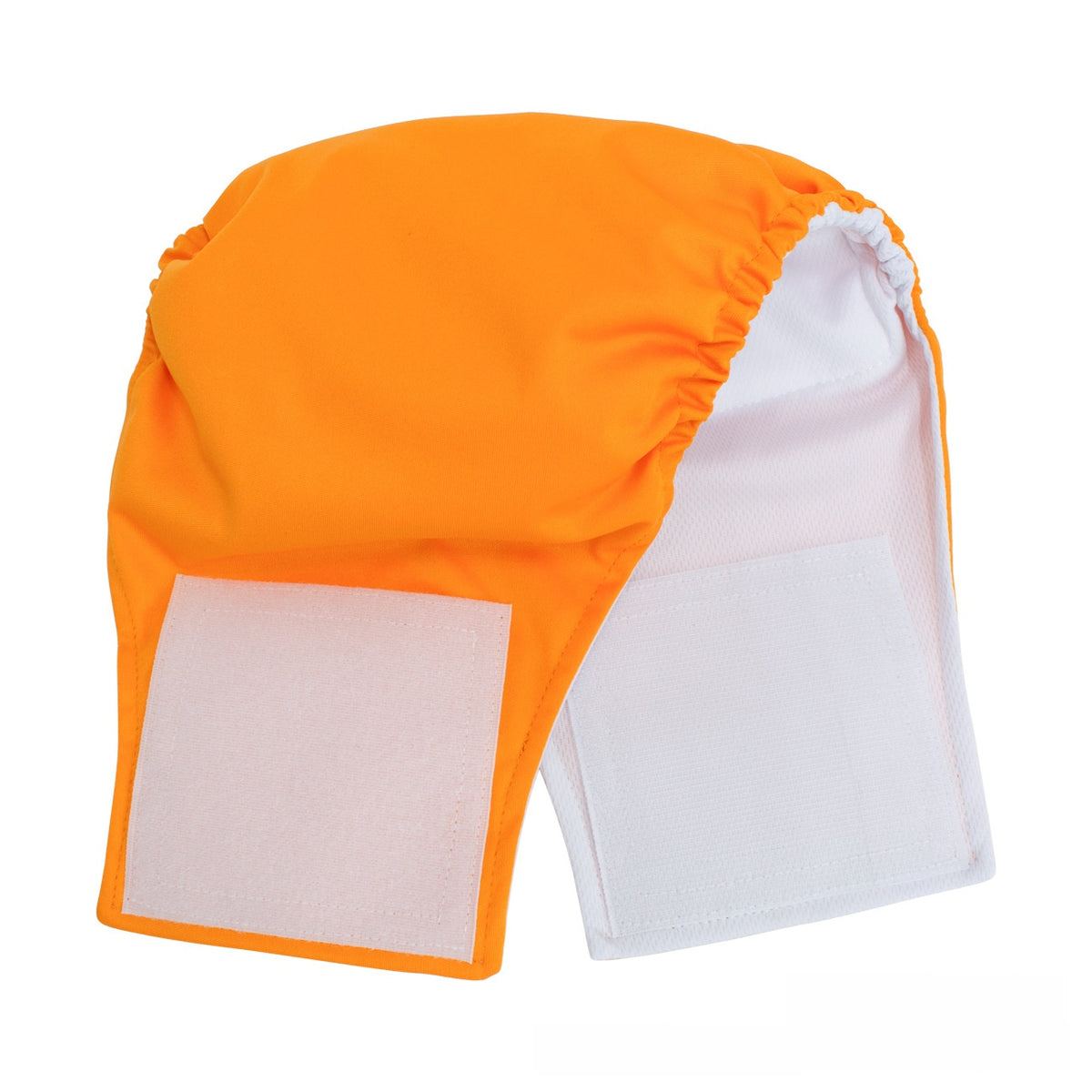 Reusable male dog belly band with waterproof outer layer in Orange, in a home setting