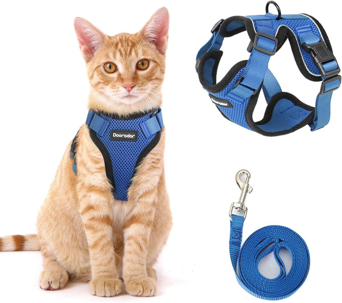 Escape resistant cat vest harness and lead in sky blue