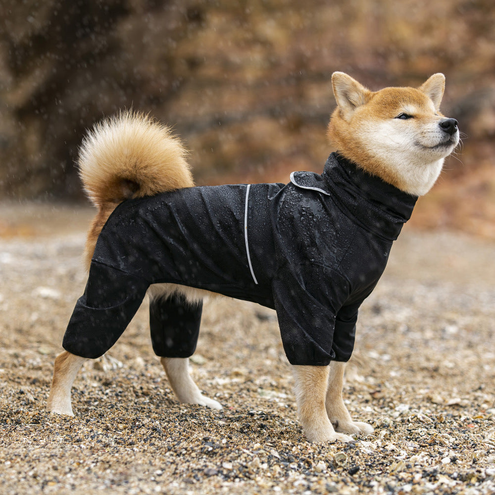 Four-leg waterproof raincoat for large dogs in Yellow, in a home setting