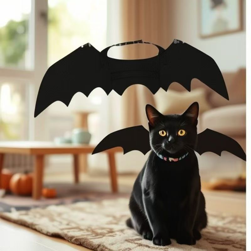 Cat wearing black felt bat wings for Halloween