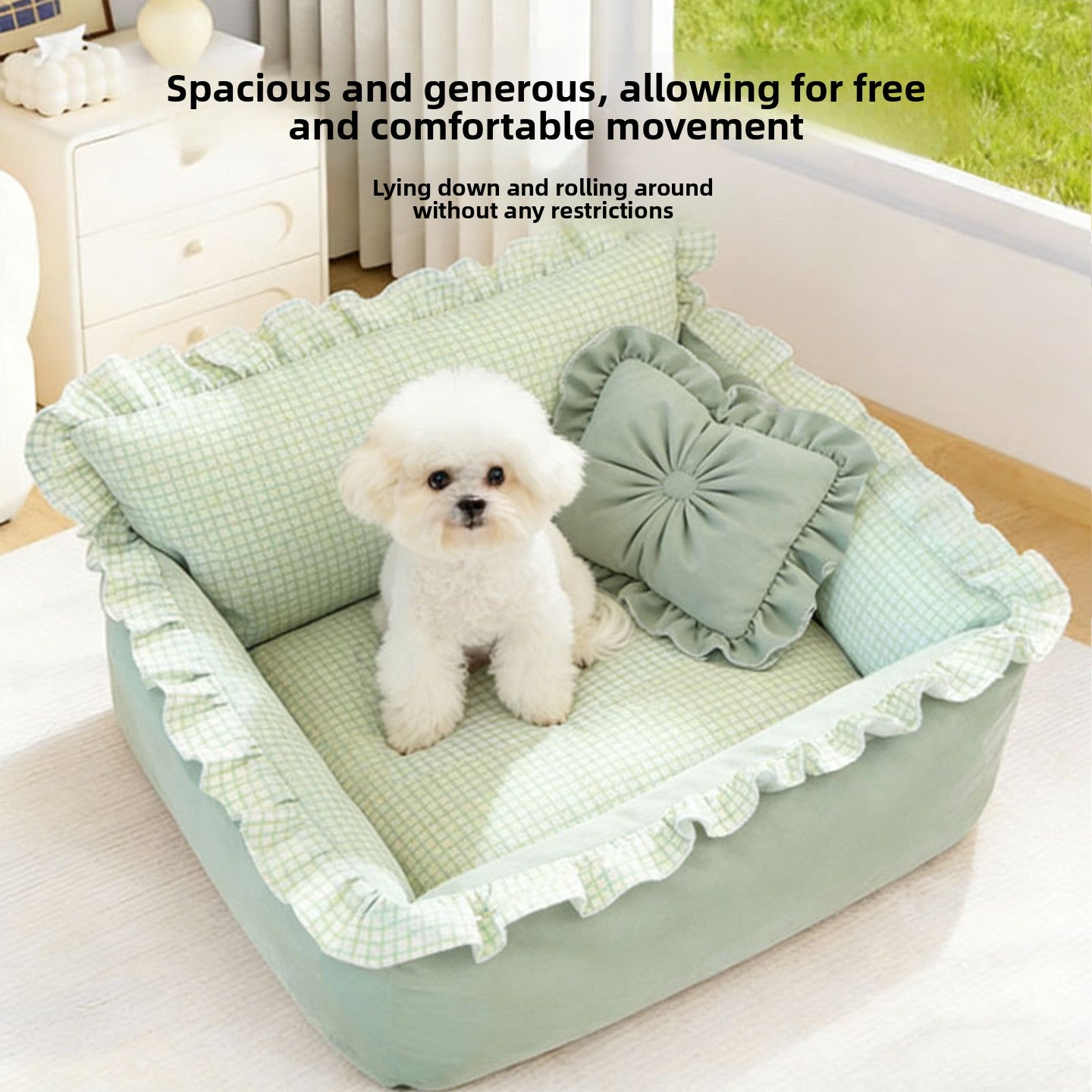 Square green washable dog bed with cooling bean mat, photo 3