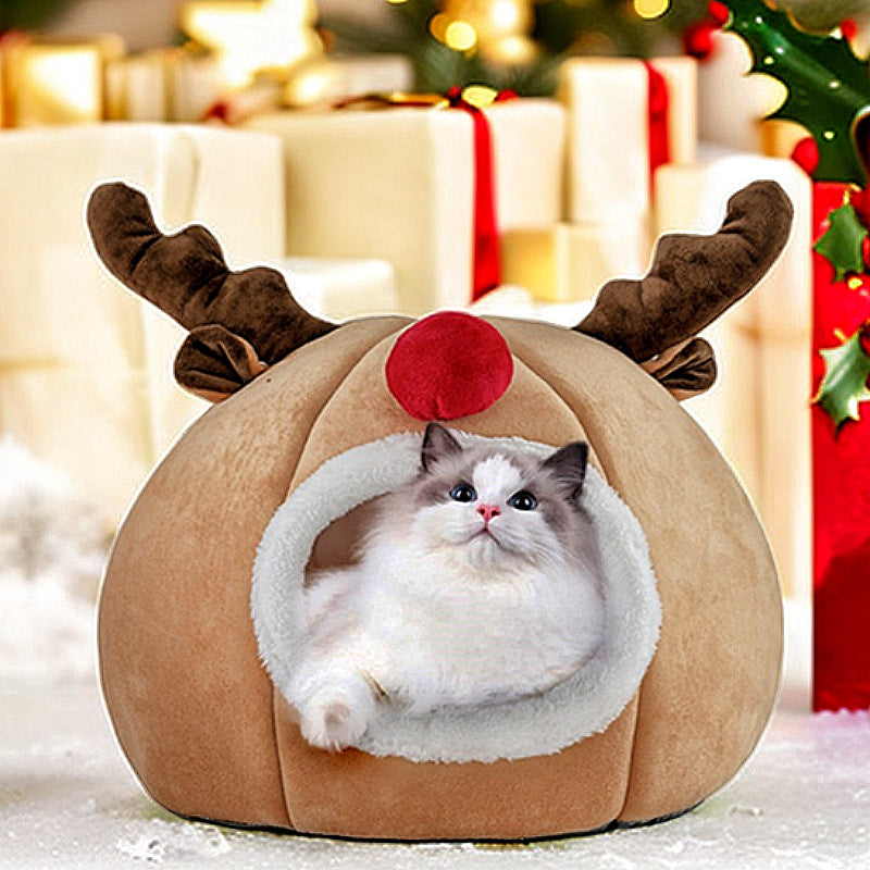Beige reindeer shaped pet den tent with removable mat, view 1