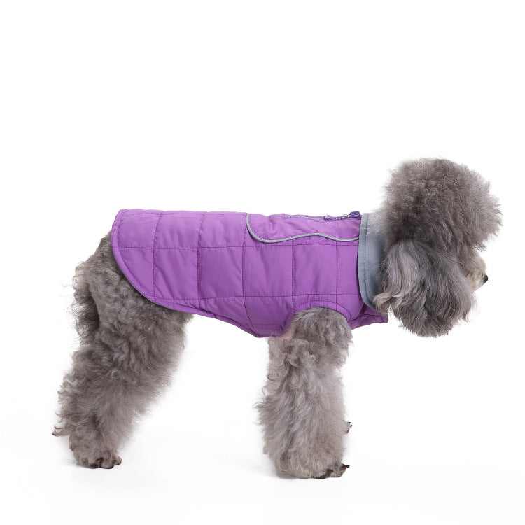 Windproof hooded dog jacket with zip front in Blue Style E, side view