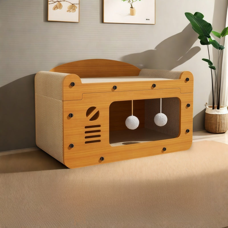 Two tier wooden cat scratching house with doors in natural wood, view 8