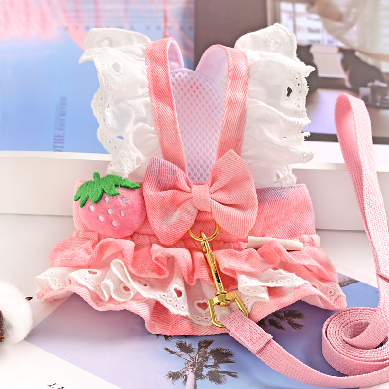 Princess cotton dog dress with matching lead in Pink Dress with Pink Lead, side view