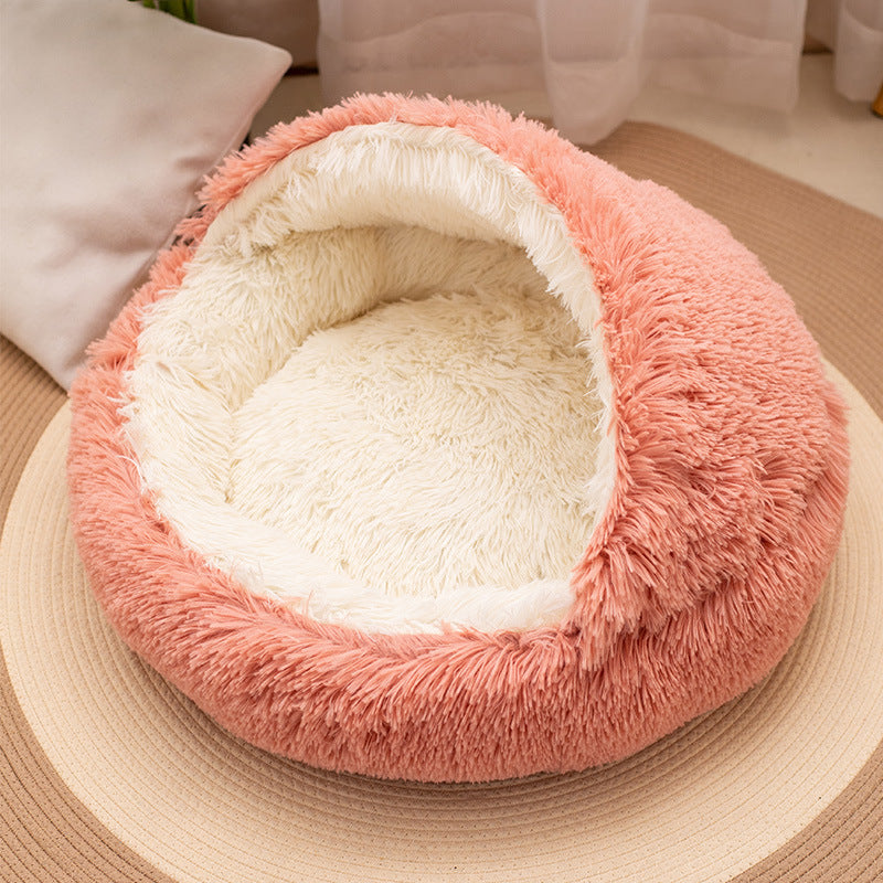 Round shell plush pet nest bed with semi-enclosed hood for cats, photo 6