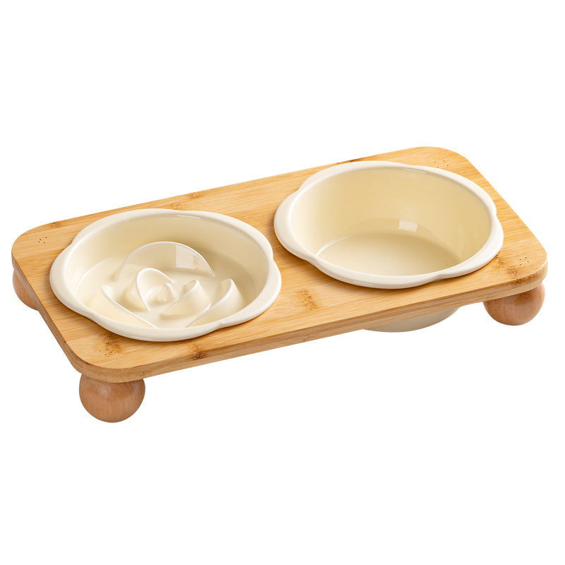 Slanted Ceramic Cat Bowl with Flower Design and Optional Stand for Neck Comfort