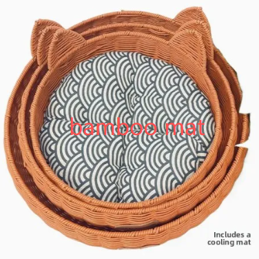 Brown rattan woven pet bed with blue cushion for cats, view 14