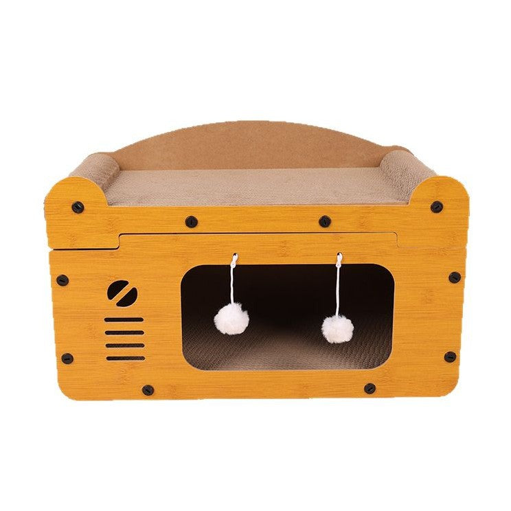 Corrugated cardboard cat scratcher house and den, close-up detail view