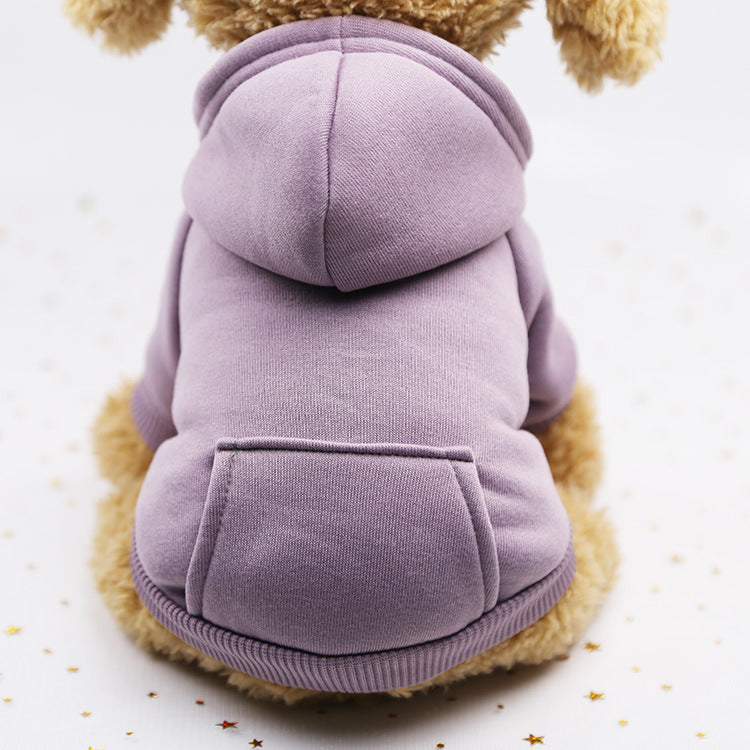 Soft hooded pet sweatshirt with pocket in Red Vest, in use with a pet