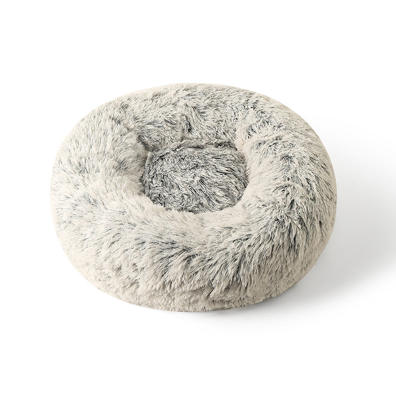 Light grey round plush pet bed with deep nest shape, photo 13