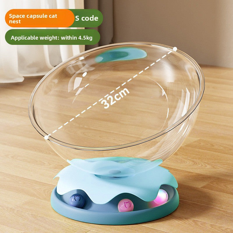Clear capsule cat bed in transparent plastic with cream base, view 5