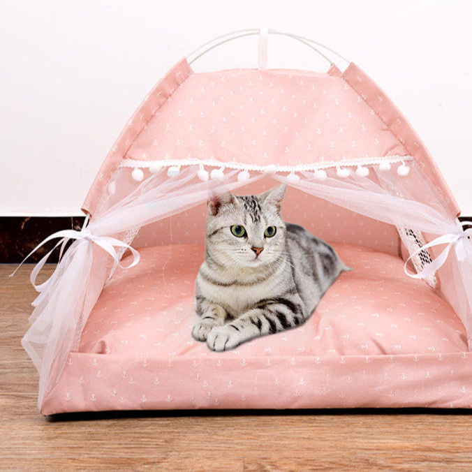 Pink enclosed cat tent bed with soft lining, view 3