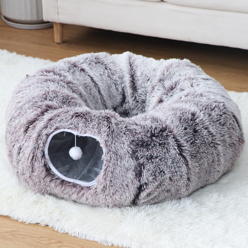 Plush PV fleece cat tunnel nest with removable cushion, view 1