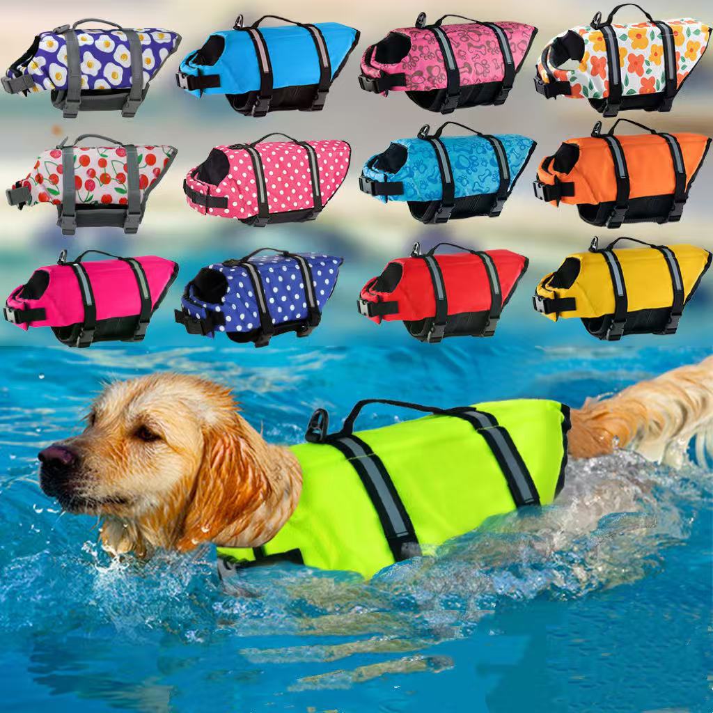 Dog life jacket swim vest with adjustable straps in floral print, view 2