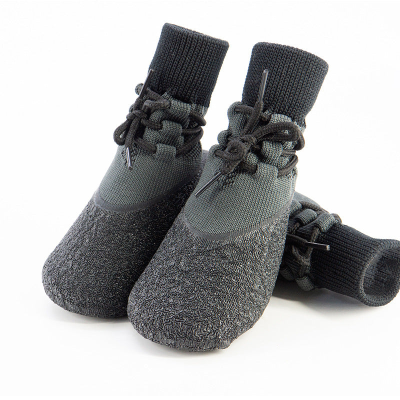 Waterproof anti-slip dog shoes with adjustable straps in Grey, front view