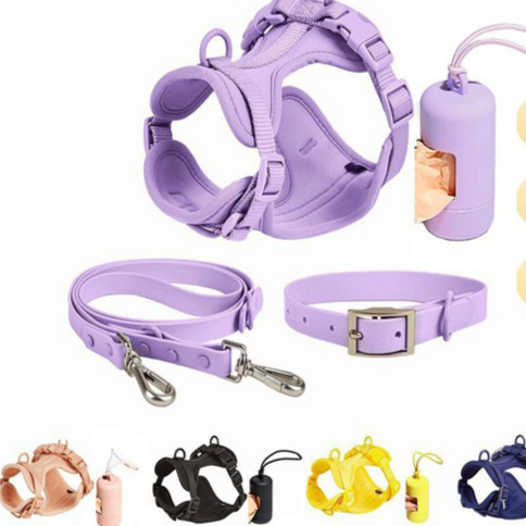 Waterproof PVC dog harness with matching lead and collar in bright colours