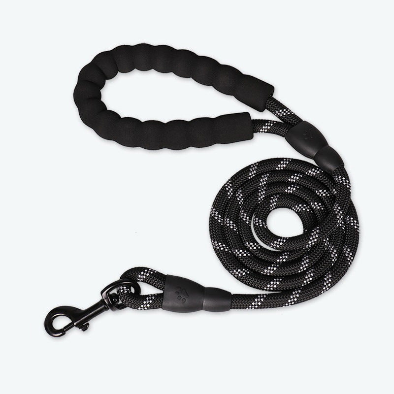 Reflective nylon dog lead in fluorescent green on a walk