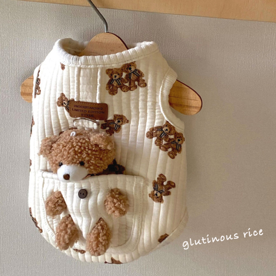 Cotton pet vest with 3D teddy bear pocket in Printed, in use with a pet