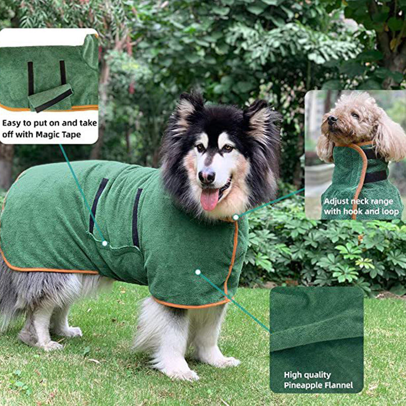 Thick microfibre dog bathrobe with full coverage in Brown, in a home setting