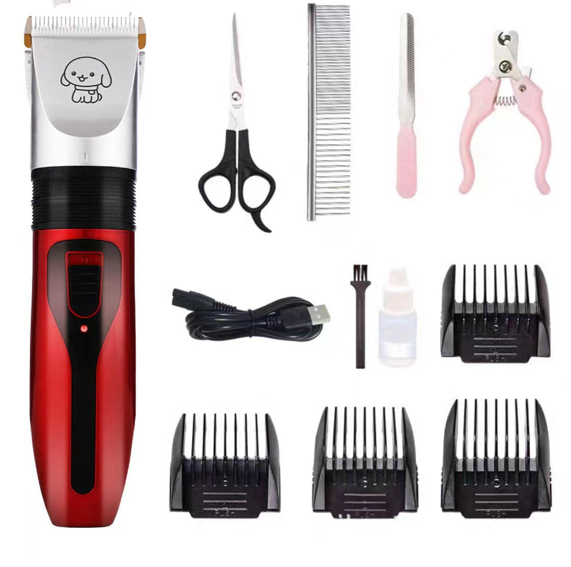 Cordless pet hair clipper with comb guides, main product photo