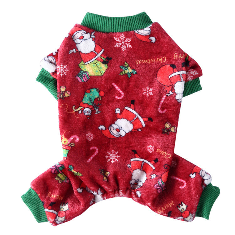 Coral fleece four-leg dog jumpsuit with holiday print in Orange Style B, front view