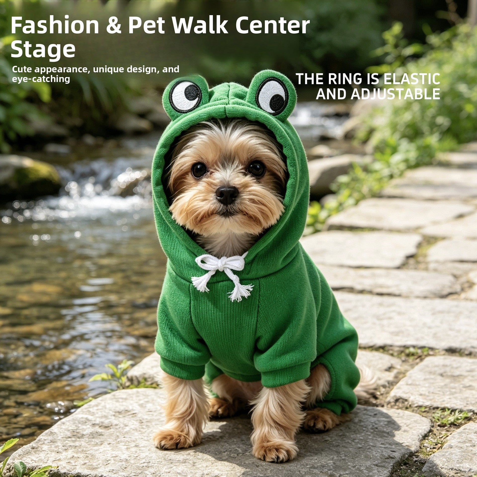Small dog wearing a green frog fleece sweatshirt