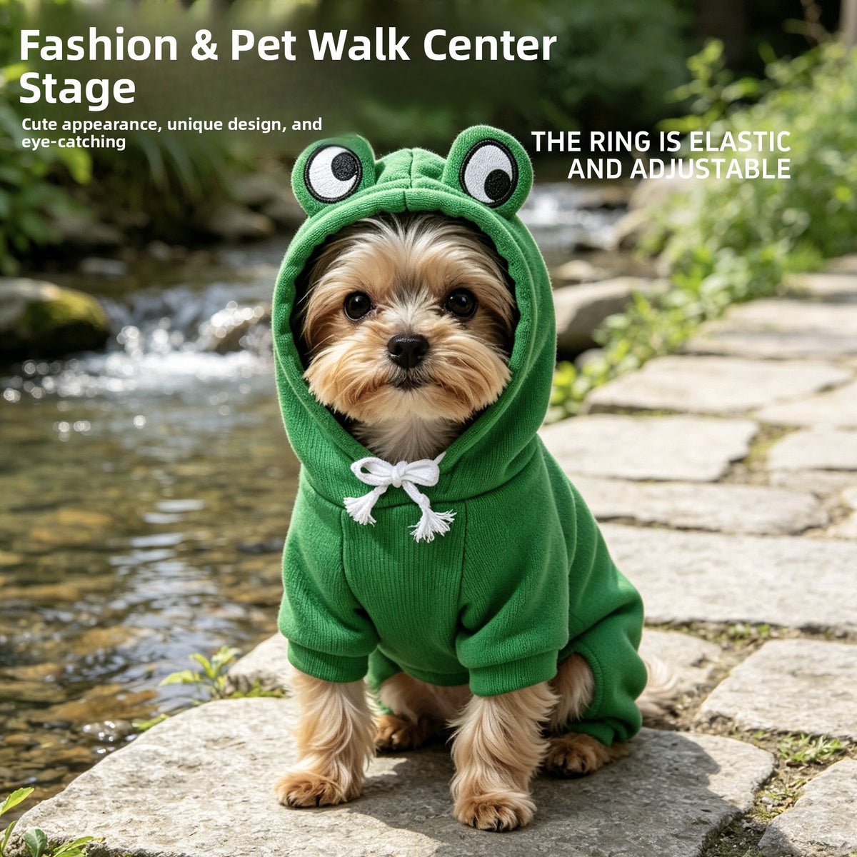 Small dog wearing a green frog fleece sweatshirt