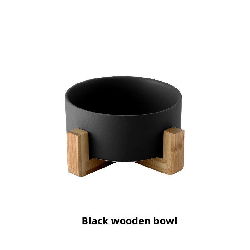 Green double ceramic pet bowl set with wooden stand
