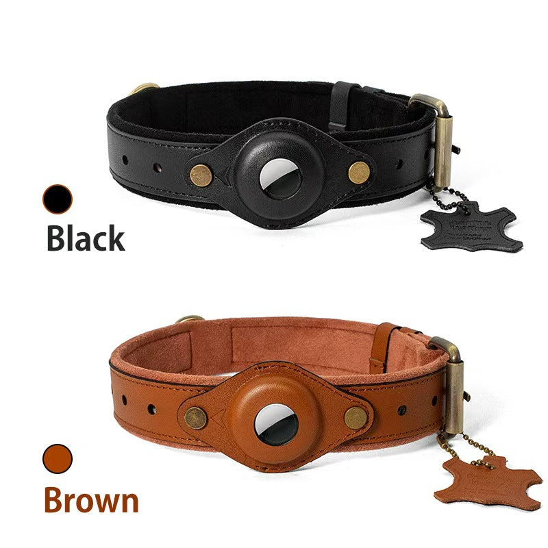 Brown cowhide leather dog collar with AirTag holder, tag not included, product image 1