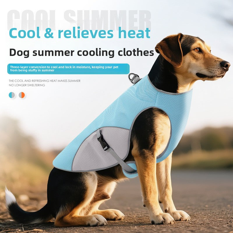 Dog cooling vest with reflective strips in light grey and orange, view 1