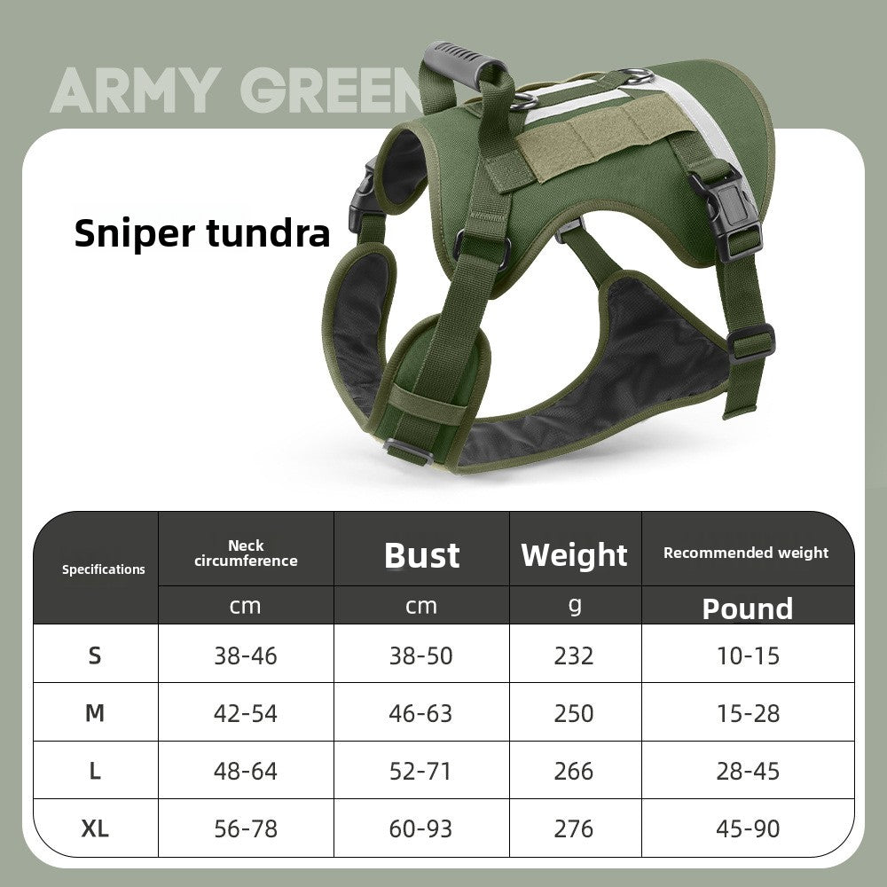 Tactical nylon dog harness with reflective strips in military green, view 10