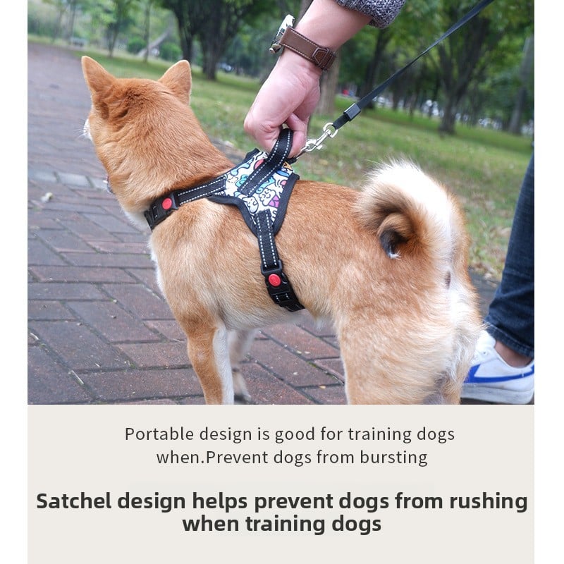 Saddle style padded dog harness in Graffiti Saddle, side view