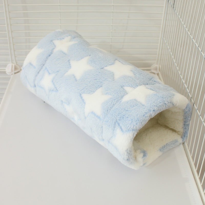 Flannel pet tunnel sleeping bag for small pets in Blue Star, size 15 x 30cm