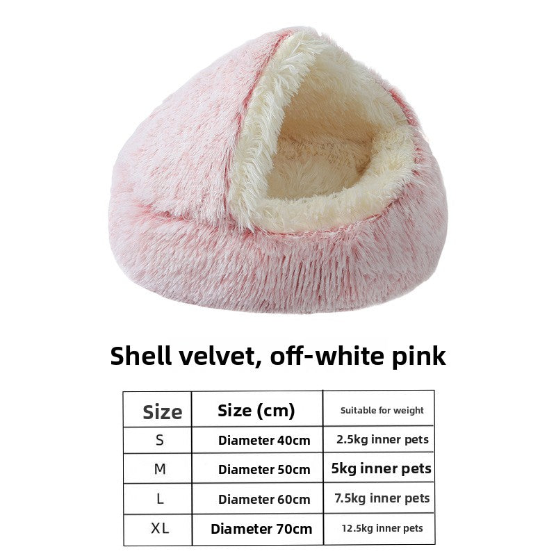 Semi-enclosed shell cat bed in soft plush, product overview photo
