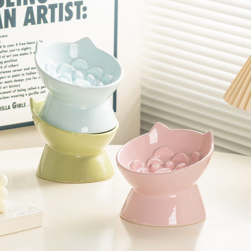 Ceramic High-Foot Cat Bowl with Slanted Rim, Slow-Feeding Feature and Ear Handles