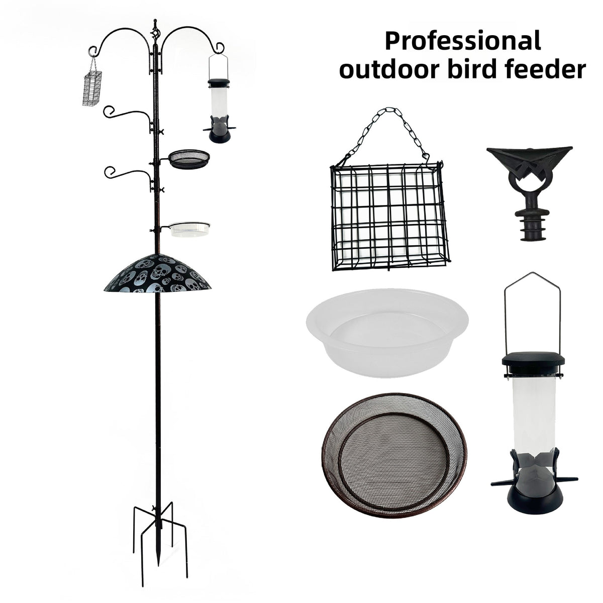 Garden bird feeding station attachments with tube feeder and tray, view 1