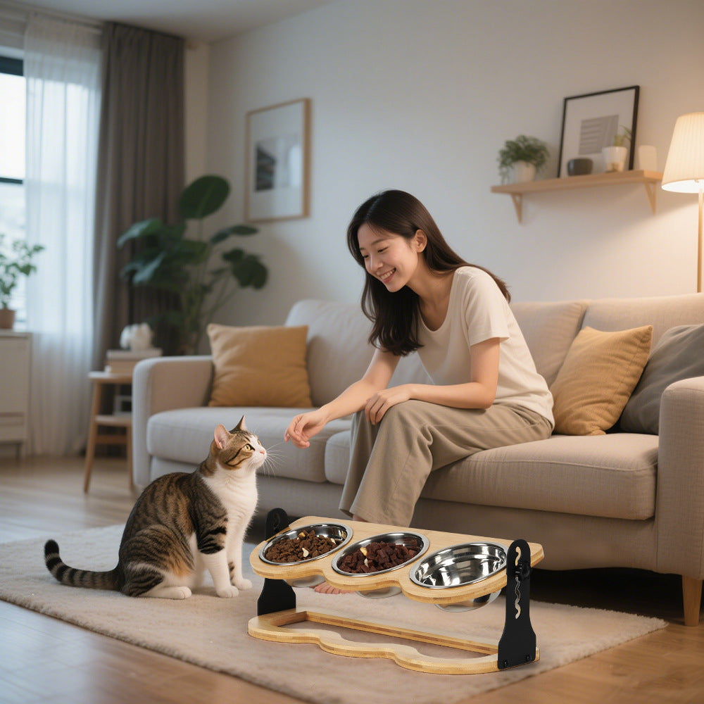 Elevated Stainless Steel Pet Bowl on Three-Legged Bamboo Stand for Cats and Small Pets